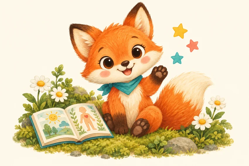 Pip la volpe saluta accanto a un libro illustrato