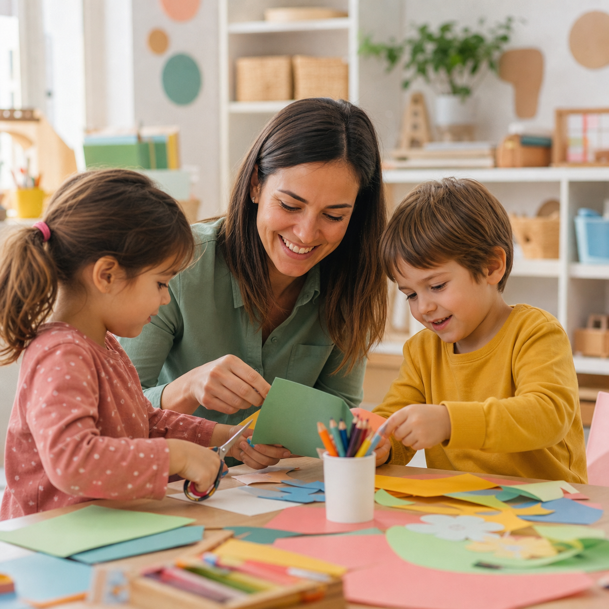 Un’insegnante svolge un’attività creativa con due bambini