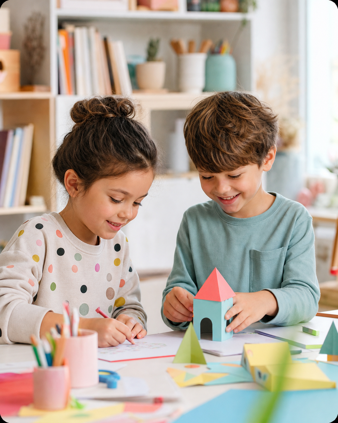 Due bambini collaborano a un’attività creativa con carta e colori