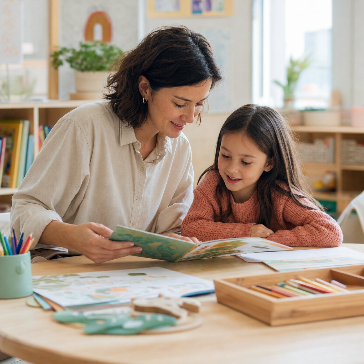 Una docente legge un libro illustrato insieme a una bambina